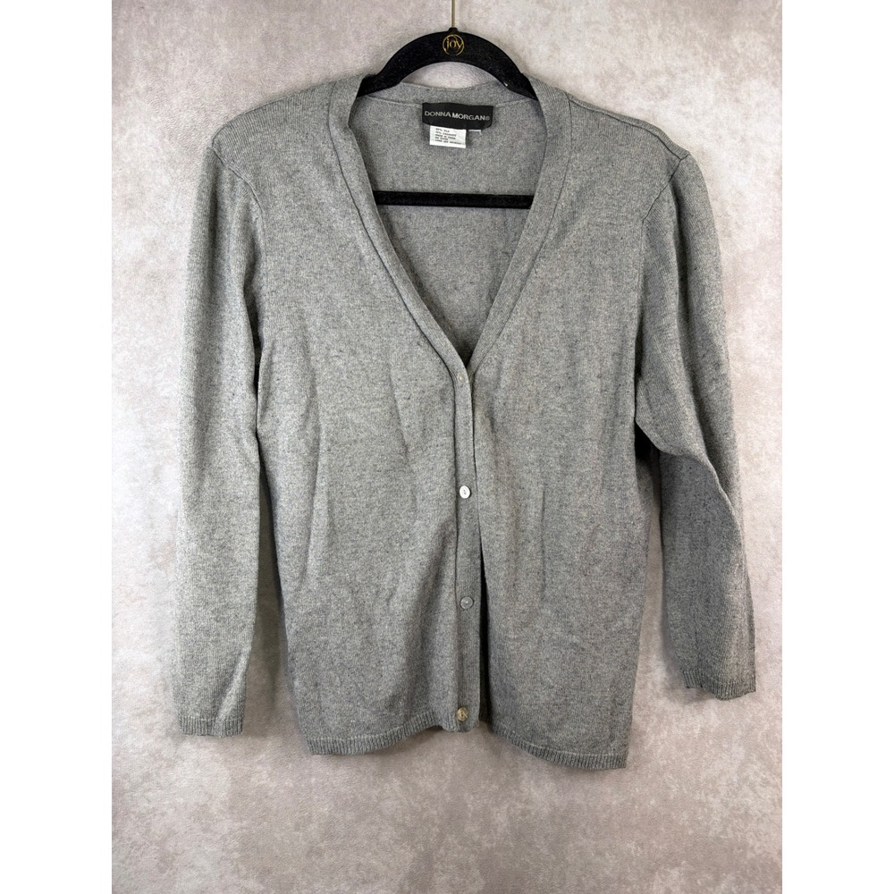 VTG 90s Donna Morgan Cardigan M Grey Silk Cashmere V-Neck Button Front Sweater